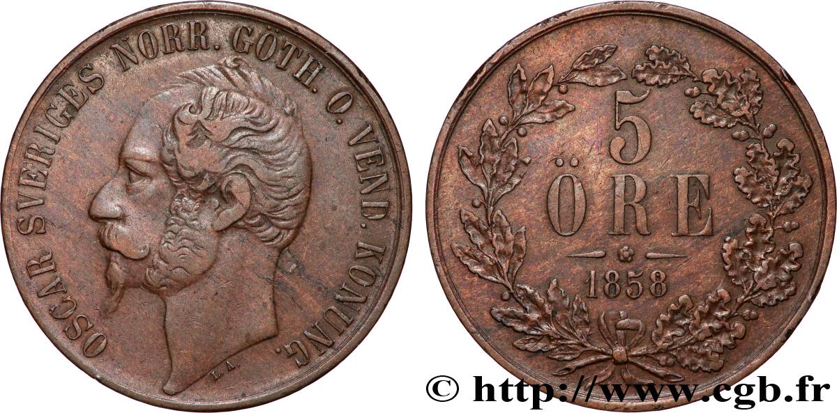 SUÈDE 5 Ore Oscar Ier 1858  TTB 