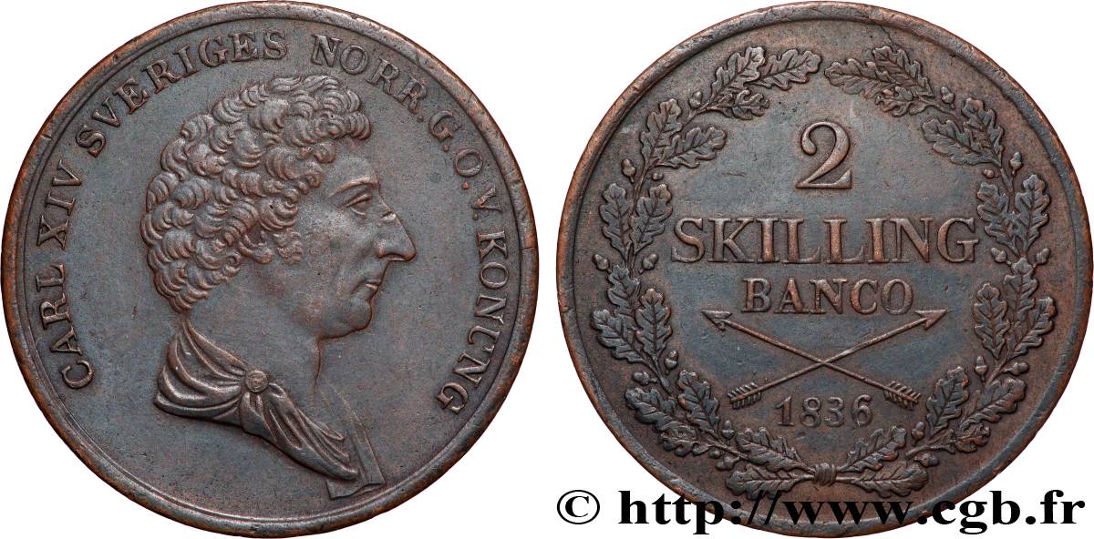 SUÈDE 2 Skilling Charles XIV 1836  TTB+ 