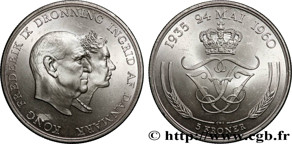 DENMARK 5 Kroner Noces d’argent 1960 Copenhague MS 
