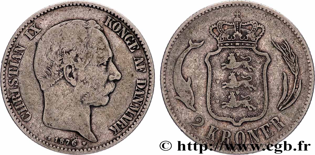 DANEMARK 2 Kroner Christian IX 1876 Copenhague TB+ 