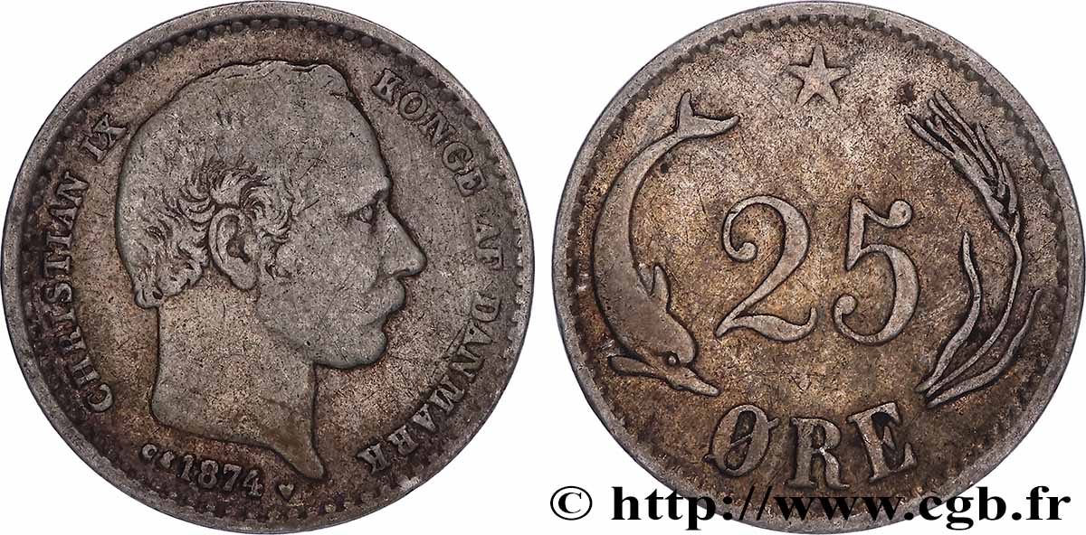DENMARK - KINGDOM OF DENMARK - CHRISTIAN IX 25 Ore 1874 Copenhague XF 
