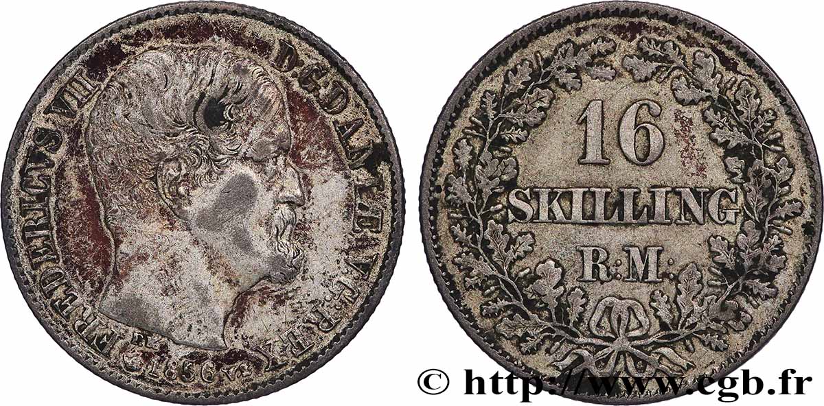 DENMARK 16 Skilling Rigsmont Frédéric VII 1856 Copenhague XF 