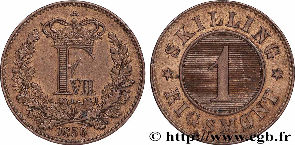 DANEMARK 1 Skilling Rigsmont Frédéric VII 1856 Altona SUP 