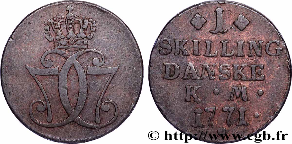 DENMARK 1 Skilling Christian VII 1771 Copenhague VF 