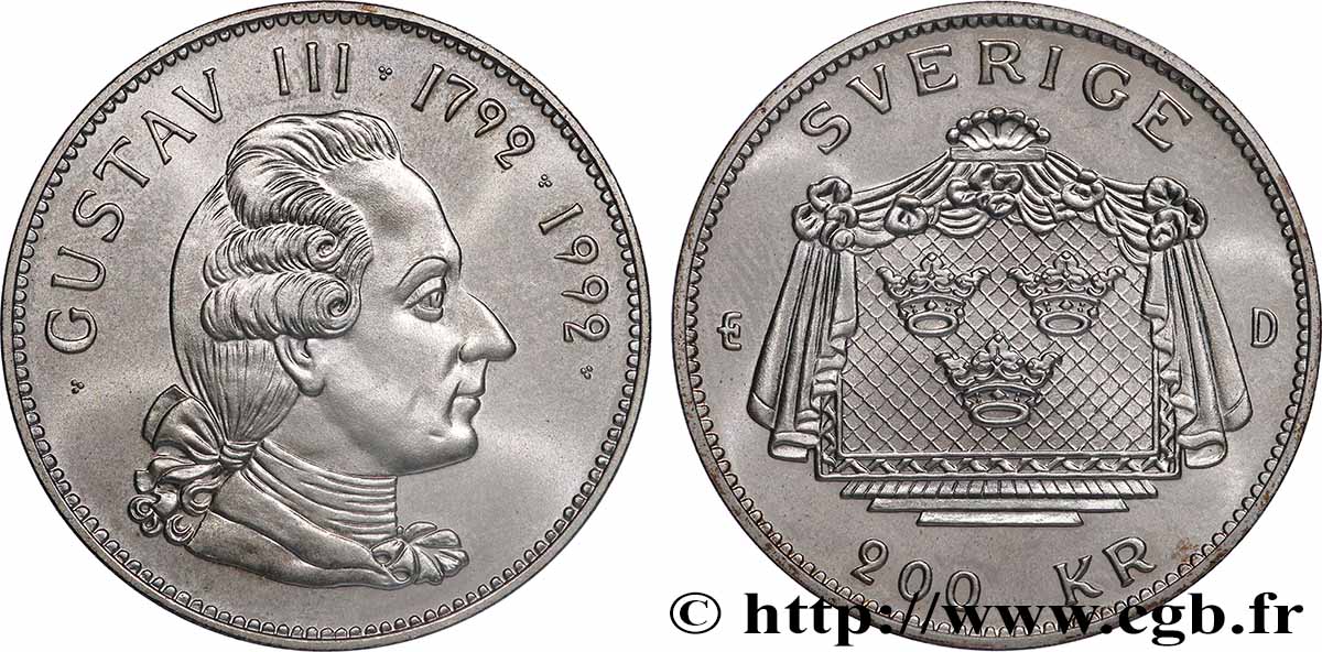 SUÈDE 200 Kronor 200e anniversaire de la mort de Gustav III 1992  MS 