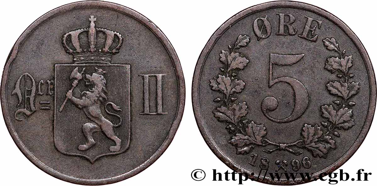 NORVÈGE 5 Ore Oscar II 1896 Kongsberg XF 