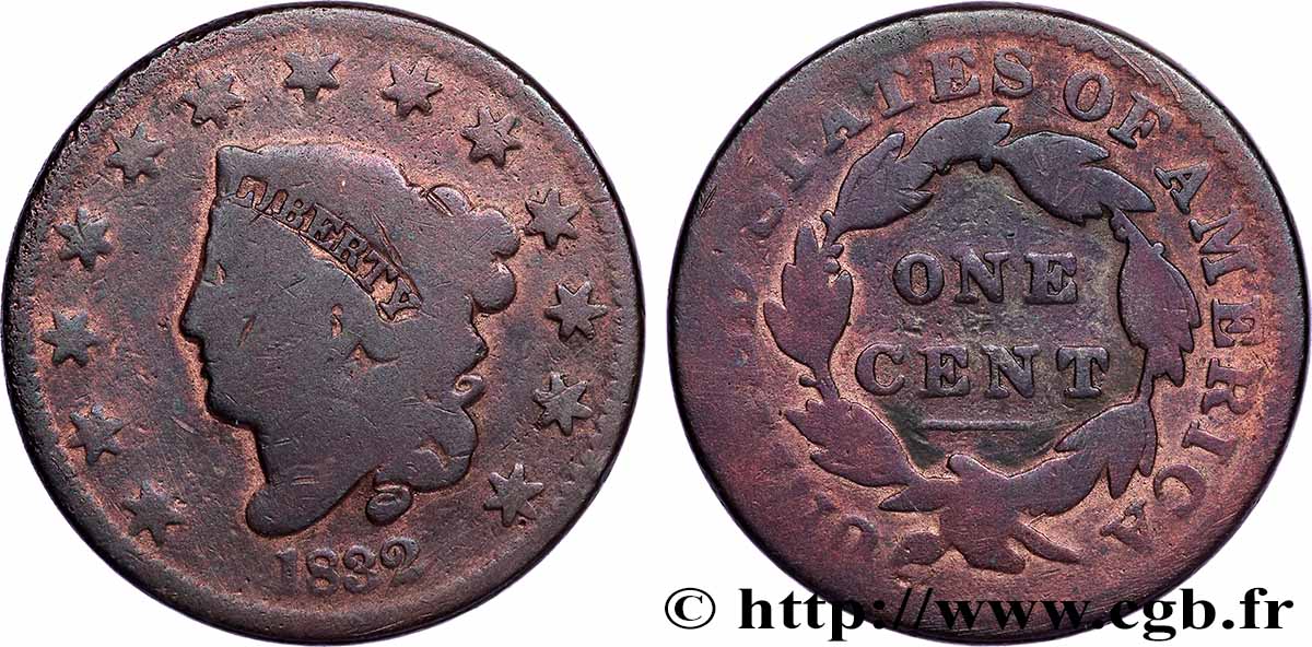UNITED STATES OF AMERICA 1 Cent Liberté “Braided Hair” lettres moyennes 1832  F 