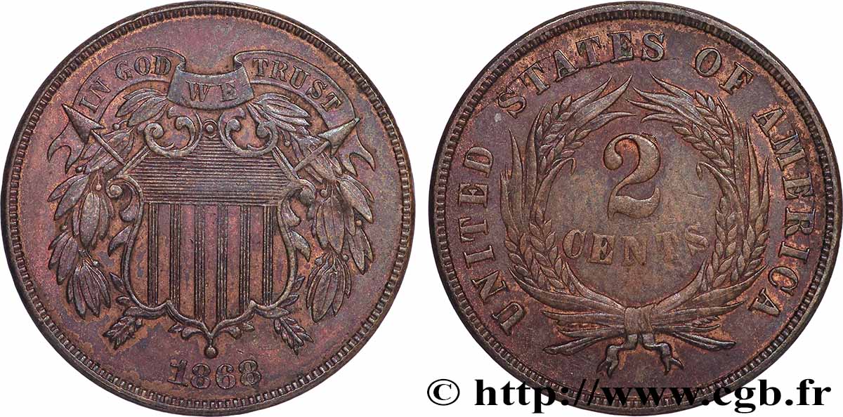 ÉTATS-UNIS D&nbsp;AMÉRIQUE 2 Cents - Union Shield 1868 Philadelphie SUP 