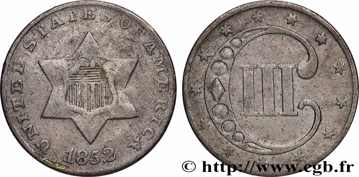 ÉTATS-UNIS D&nbsp;AMÉRIQUE 3 Cents 1852 Philadelphie TB+ 