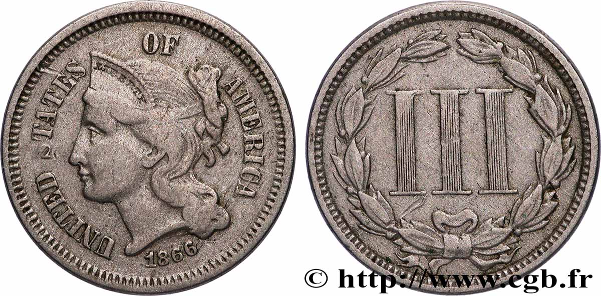 UNITED STATES OF AMERICA 3 Cents 1866 Philadelphie VF 