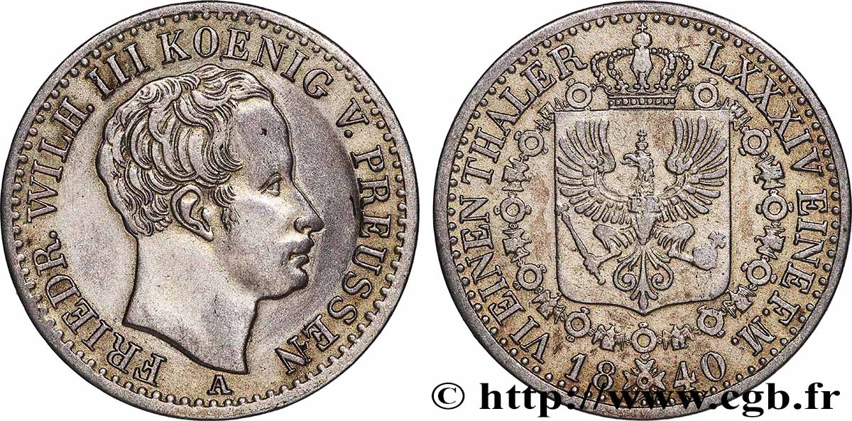 GERMANY - PRUSSIA 1/6 Thaler Frédéric-Guillaume III / écu armorié couronné 1840 Berlin AU/AU 