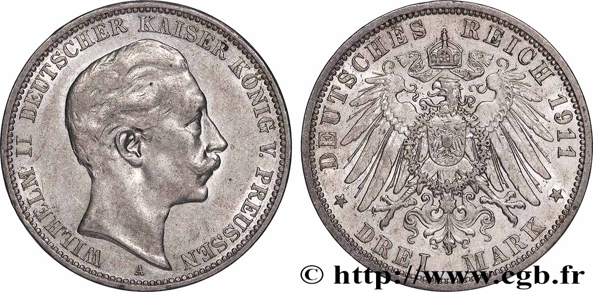 ALLEMAGNE - ROYAUME DE PRUSSE - GUILLAUME II 3 Mark  1911 Berlin TTB+ 