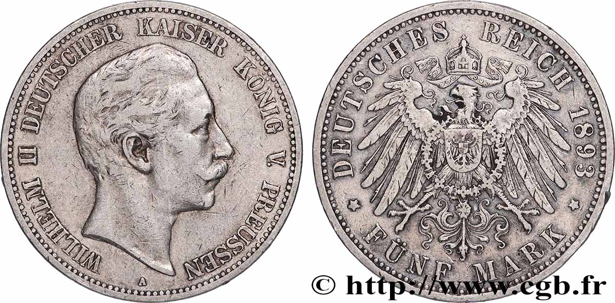 GERMANY - PRUSSIA 5 Mark Guillaume II 1893 Berlin XF 
