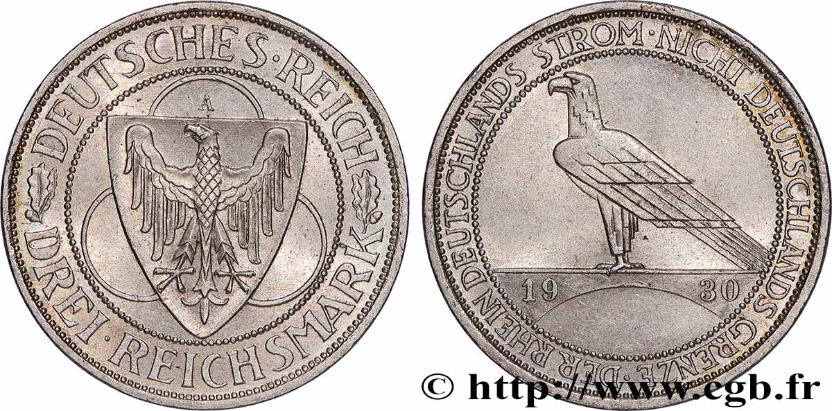 ALLEMAGNE 3 Reichsmark Libération de la Rhénanie 1930 Berlin SUP 