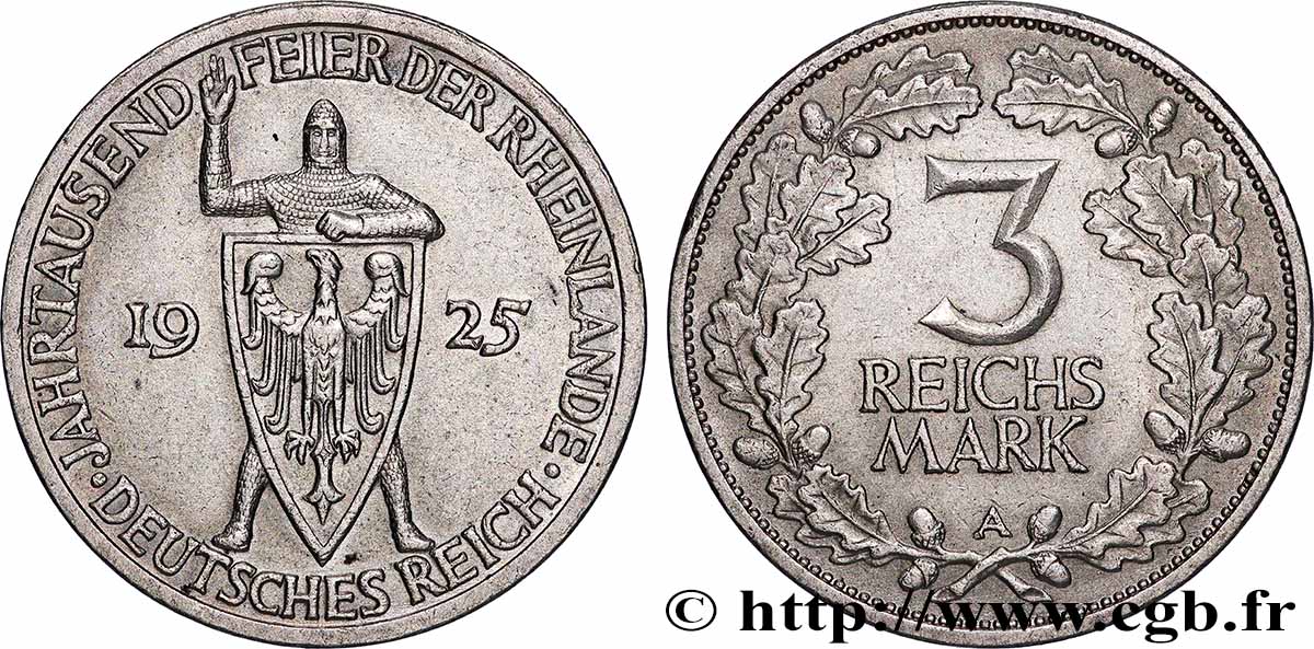 GERMANY 3 Reichsmark millénaire de la Rhénanie 1925 Berlin AU 