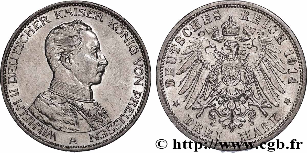 ALLEMAGNE - PRUSSE 3 Mark Guillaume II 1914 Berlin TTB+ 