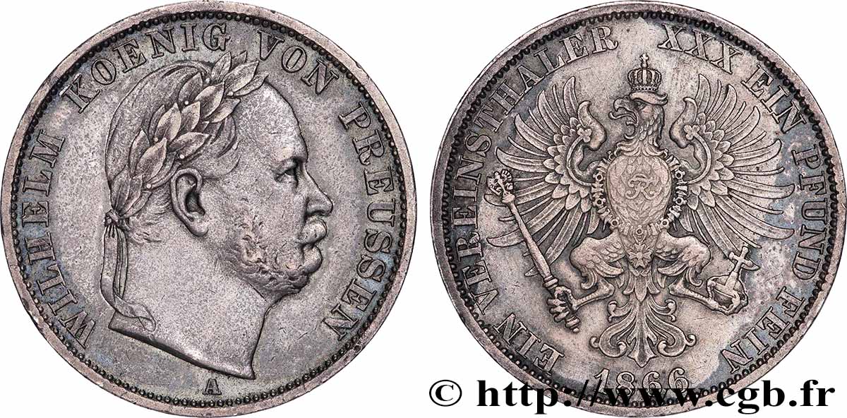 ALLEMAGNE - ROYAUME DE PRUSSE - GUILLAUME Ier 1 Thaler tête laurée 1866 Berlin SS 