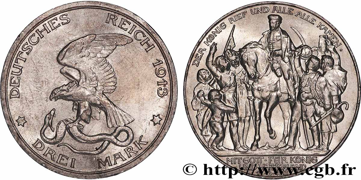 ALLEMAGNE - PRUSSE 3 Mark 100e anniversaire défaite de Napoléon 1913 Berlin SUP 