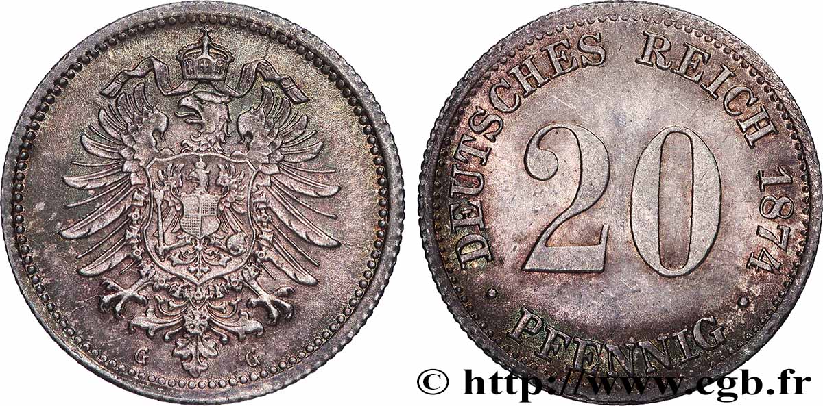 ALLEMAGNE 20 Pfennig aigle impérial héraldique 1874 Karlsruhe SUP 
