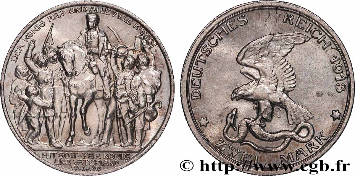 GERMANY - PRUSSIA 2 Mark 100e anniversaire défaite de Napoléon 1913 Berlin AU 