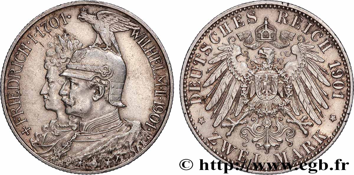 GERMANY - PRUSSIA 2 Mark Guillaume II 200e anniversaire de la Prusse 1901 Berlin AU 