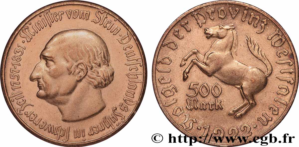 GERMANY 500 Mark Westphalie vom Stein 1922  AU 