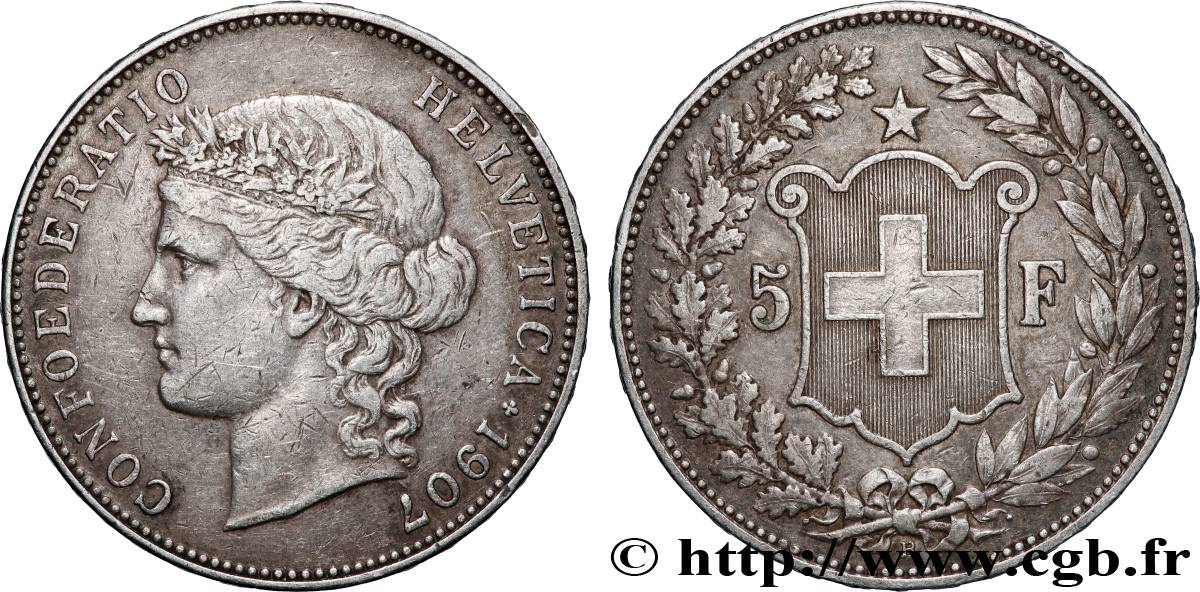 SWITZERLAND 5 Francs Helvetia 1907 Berne XF 