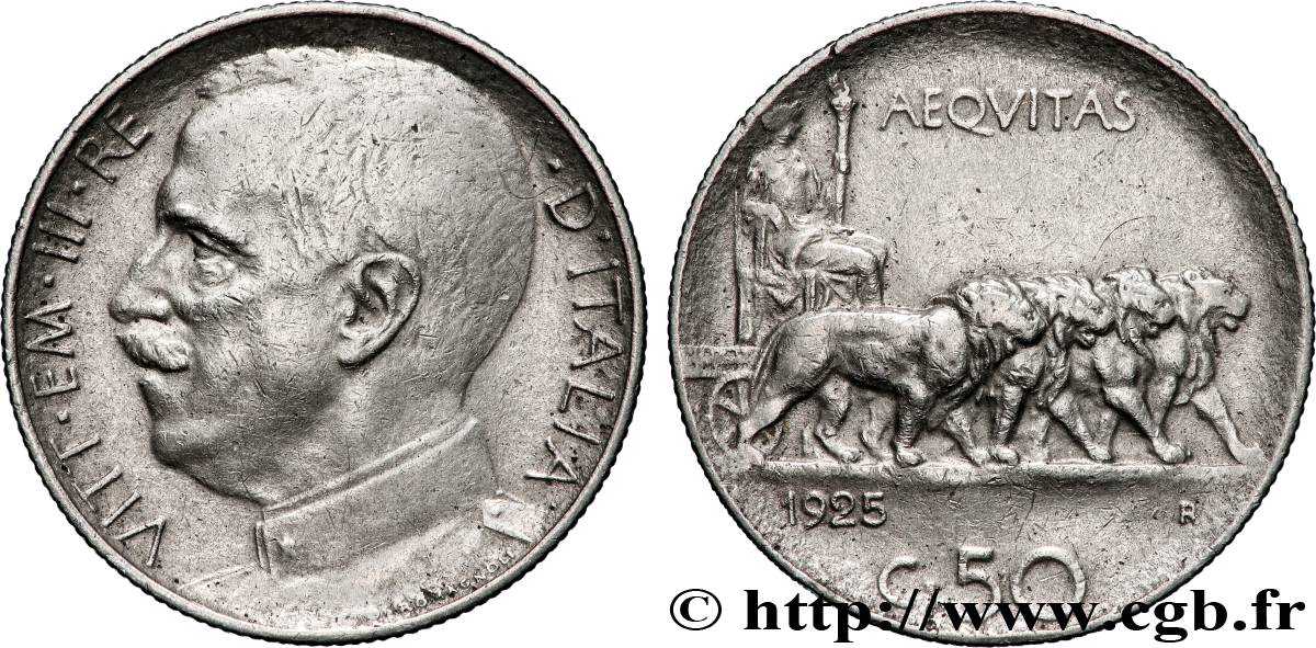 ITALIE 50 Centesimi tranche cannelée Victor Emmanuel III  1925 Rome - R TTB 