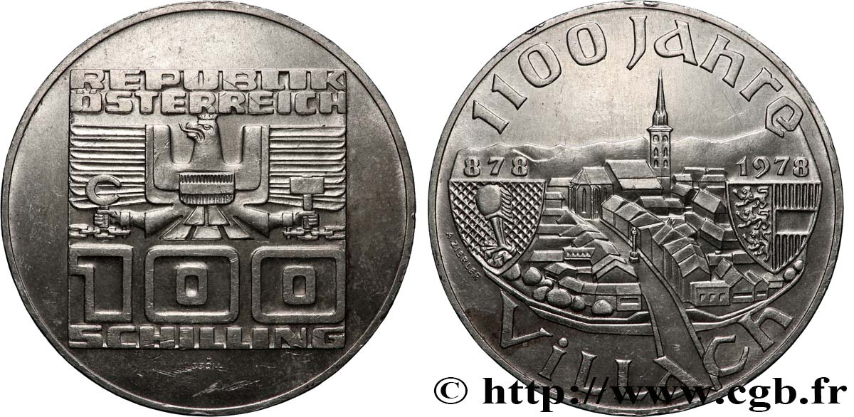 AUSTRIA 100 Schilling 1100e anniversaire de la fondation de Villach 1978 Vienne SPL 