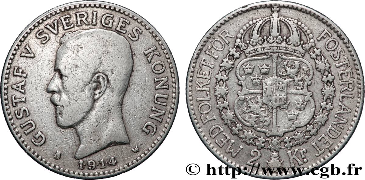 SWEDEN 2 Kronor Gustave V 1914 Kungholmen VF 