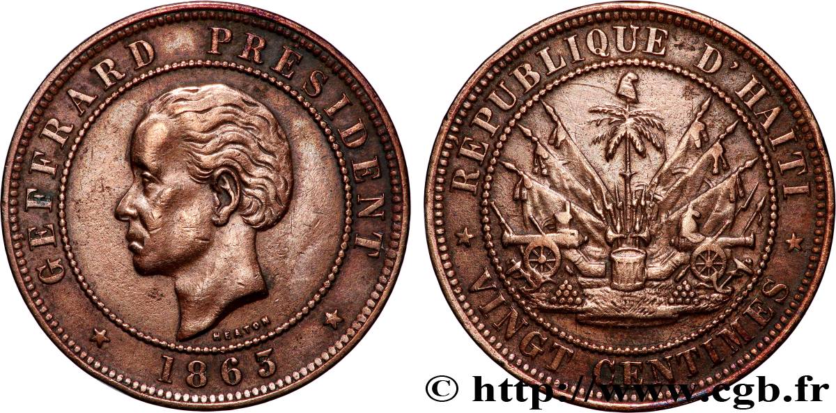 HAÏTI 20 Centimes président Geffrard 1863 Heaton TB+ 