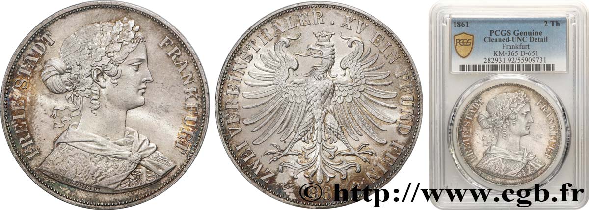 ALLEMAGNE - VILLE LIBRE DE FRANCFORT 2 Thaler 1861 Francfort SPL PCGS