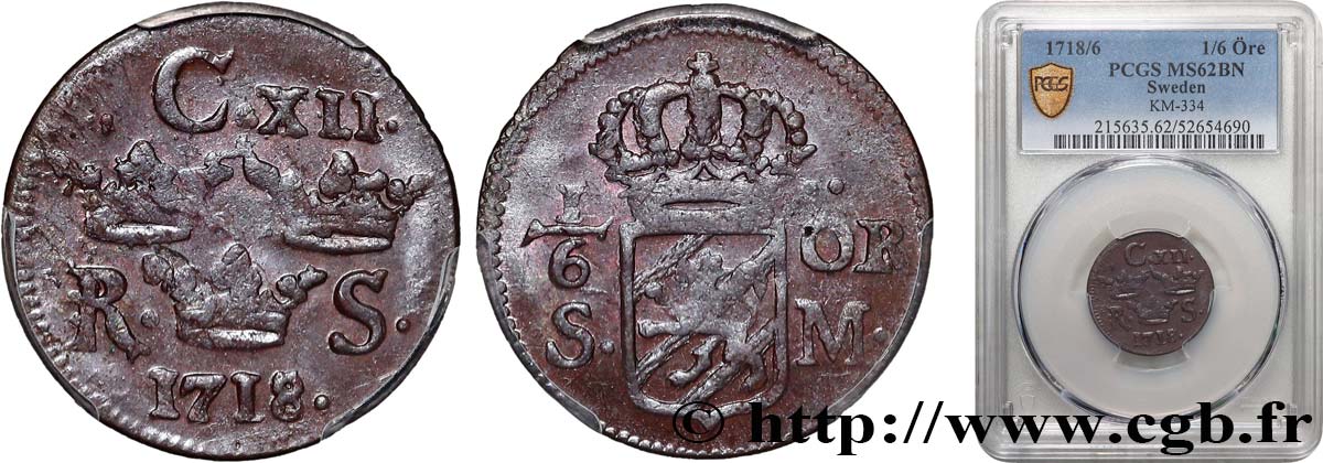SUÈDE 1/6 Ore Charles XII de Suède 1718  SUP62 PCGS