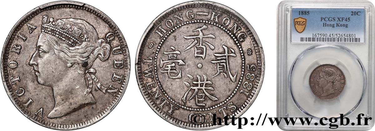 HONG KONG 20 Cents Victoria 1885  TTB45 PCGS