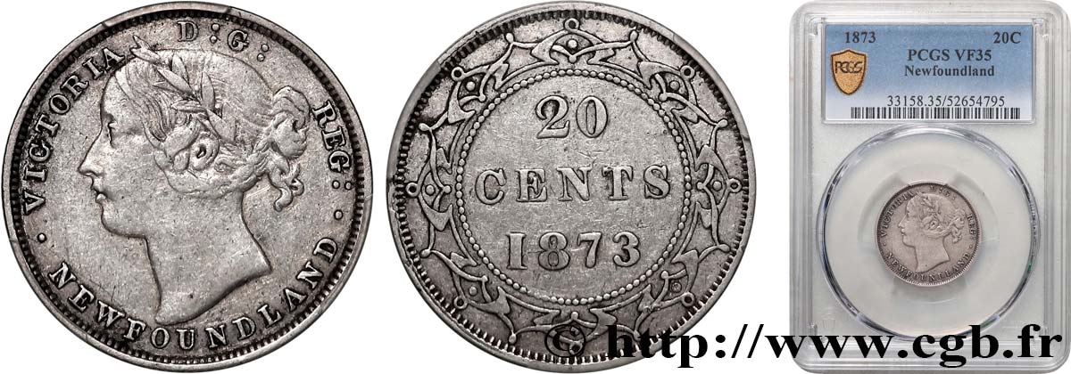 TERRE-NEUVE 20 Cents Victoria 1873 Heaton TB35 PCGS