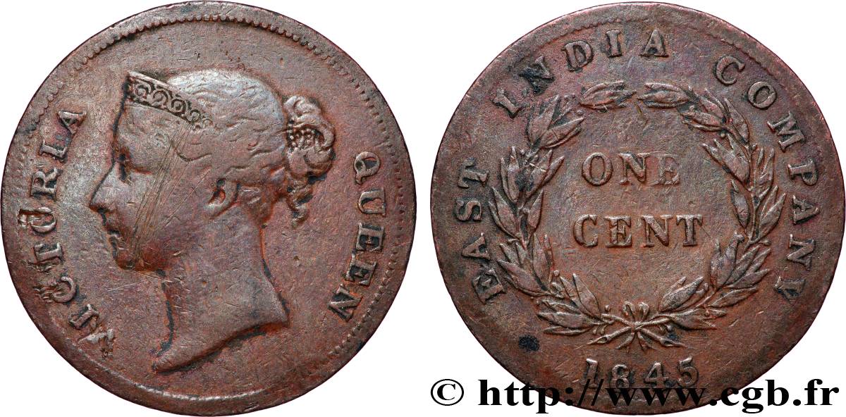 ÉTABLISSEMENTS DES DÉTROITS 1 Cent Victoria East India Company 1845  TB 