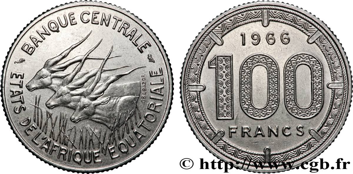 ÉTATS DE L AFRIQUE ÉQUATORIALE 100 Francs antilopes 1966 Paris SUP 