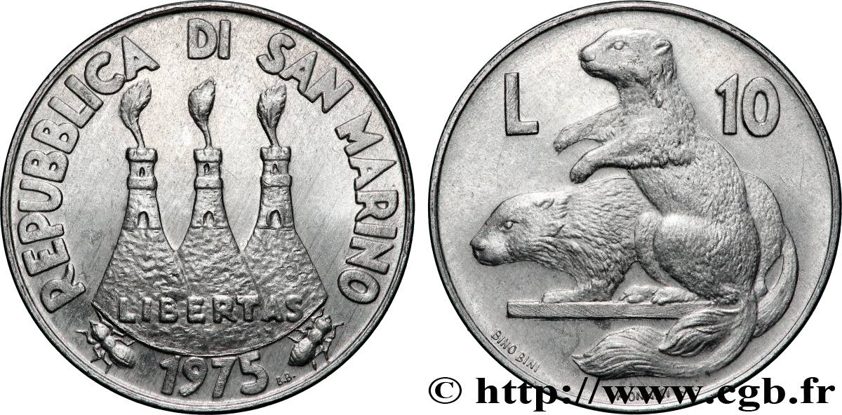 SAINT-MARIN 10 Lire 3 tours / deux marmottes 1975 Rome SUP 