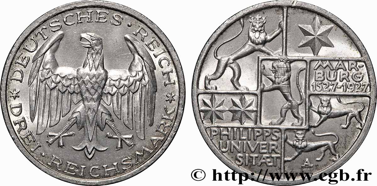 DEUTSCHLAND 3 Reichsmark 400e anniversaire de l’université de Marbourg 1927 Berlin fST 