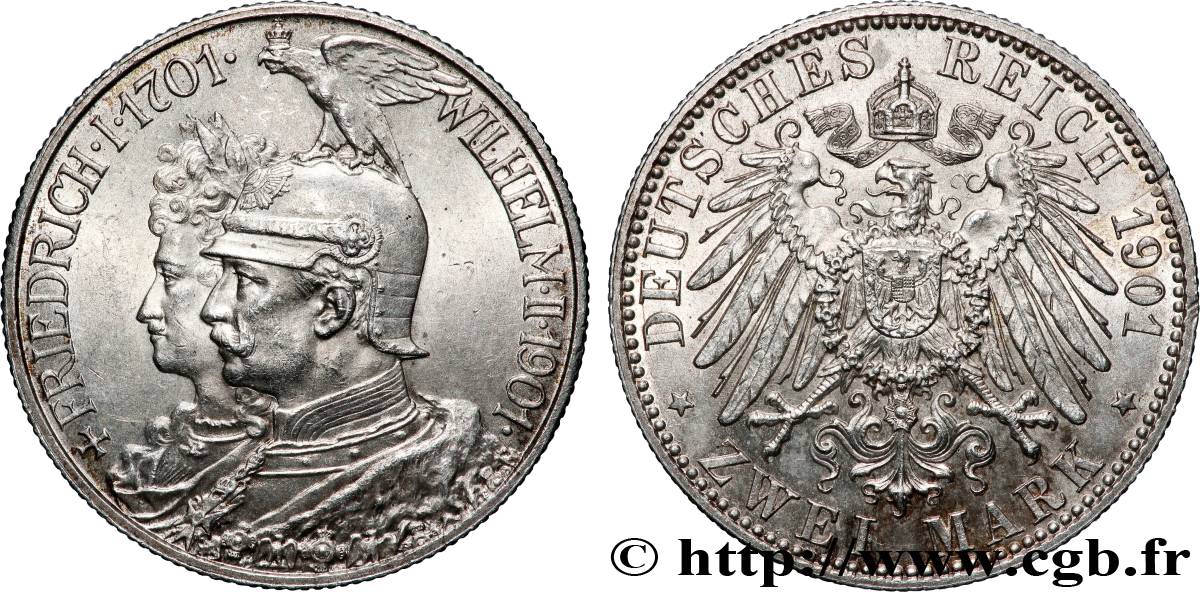 GERMANY - PRUSSIA 2 Mark Guillaume II 200e anniversaire de la Prusse 1901 Berlin AU 