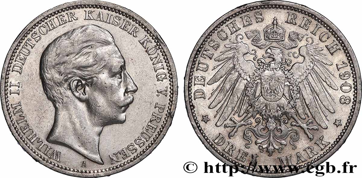 ALLEMAGNE - PRUSSE 3 Mark Guillaume II 1908 Berlin TTB+ 