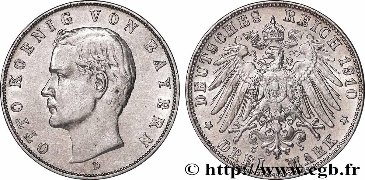 ALLEMAGNE - BAVIÈRE 3 Mark Othon Ier 1910 Munich - D TTB 