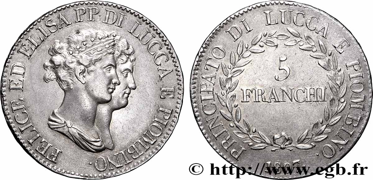 ITALIE - PRINCIPAUTÉ DE LUCQUES ET PIOMBINO - FÉLIX BACCIOCHI et ÉLISA BONAPARTE 5 Franchi 1807 Florence SUP 