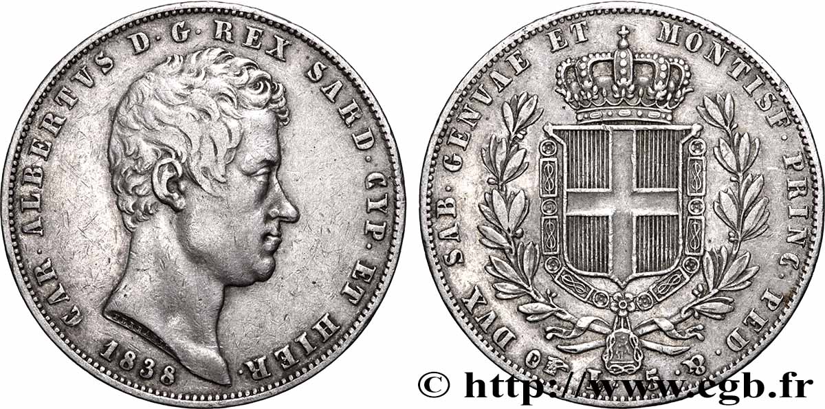 ITALIA - REGNO DE SARDINIA - CARLO ALBERTO 5 Lire 1838 Turin BB 