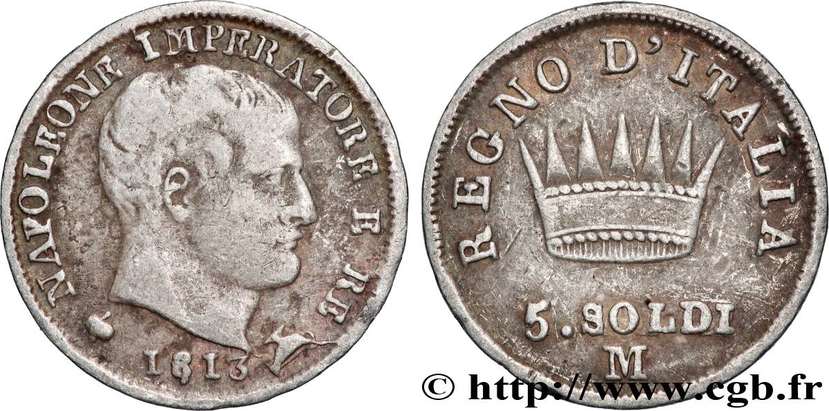 ITALY - KINGDOM OF ITALY - NAPOLEON I 5 Soldi 1813 Milan - M VF 