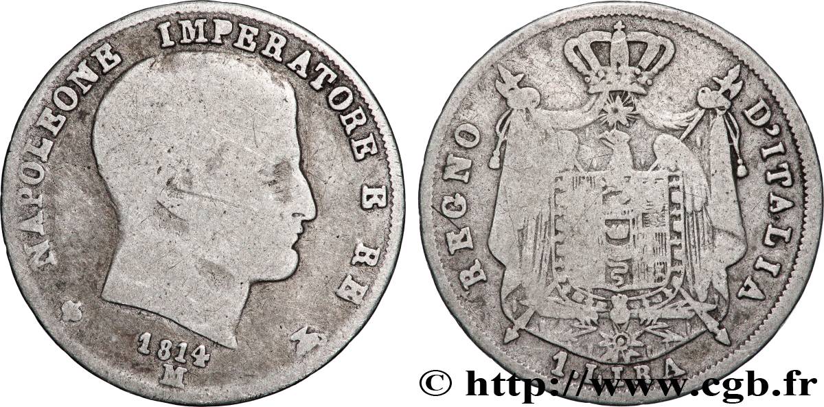 ITALY - KINGDOM OF ITALY - NAPOLEON I 1 Lira 1814 Milan VF 