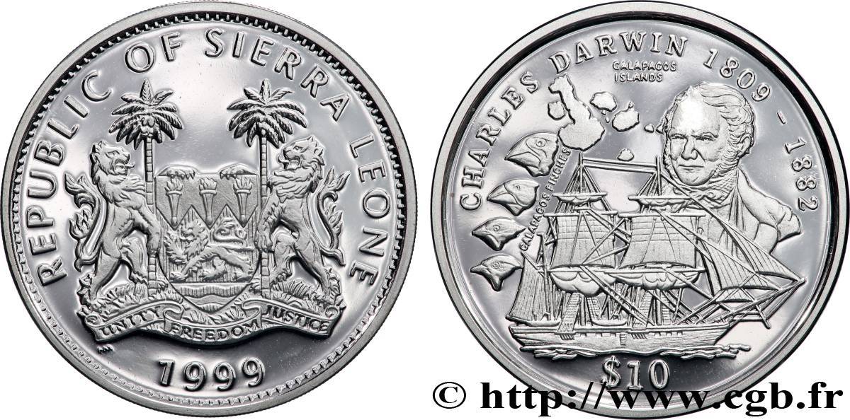 SIERRA LEONE 1 Dollar Proof Charles Darwin 1999  SPL 