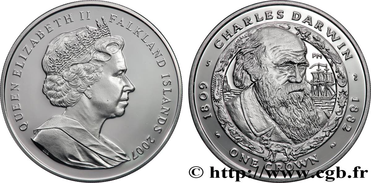 ÎLES FALKLAND 1 Crown Proof Charles Darwin 2007 Pobjoy Mint SPL 