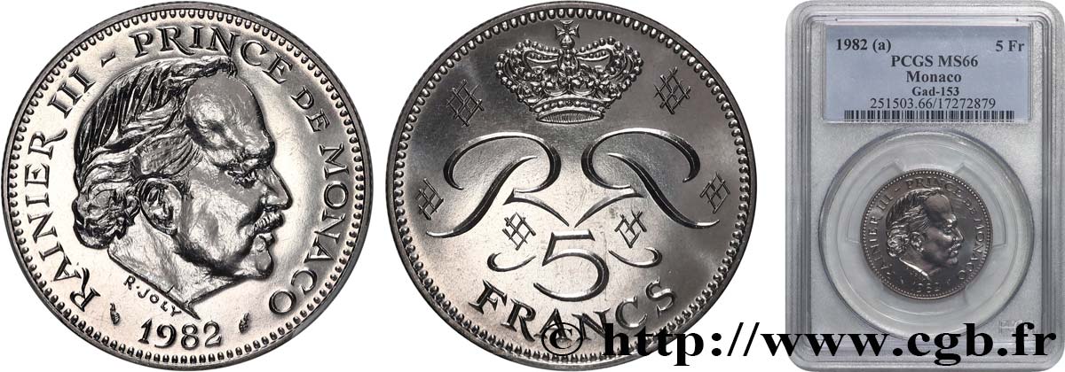 MONACO - PRINCIPALITY OF MONACO - RAINIER III 5 Francs  1982 Paris MS66 PCGS