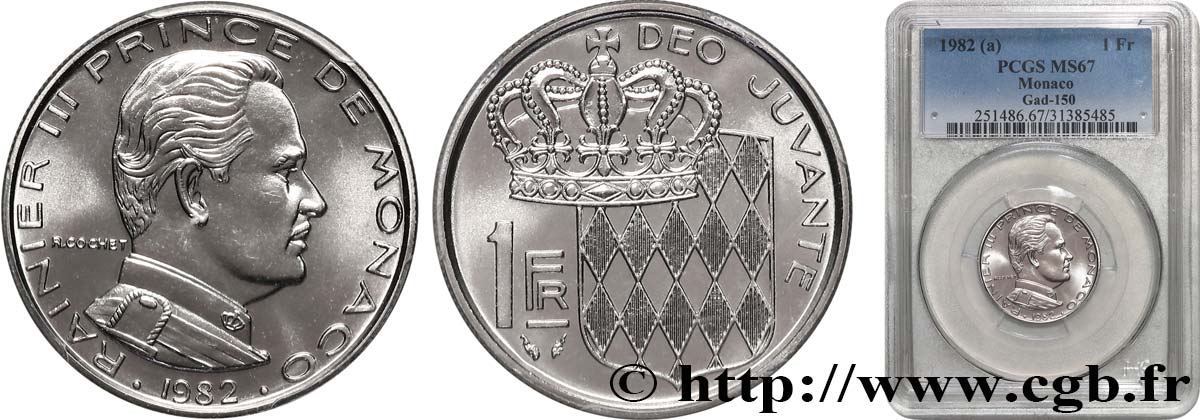 MONACO - PRINCIPAUTÉ DE MONACO - RAINIER III 1 Franc  1982 Paris FDC67 PCGS